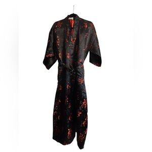 Laoguoai Silk-Feel Black Kimono Robe with Red Script